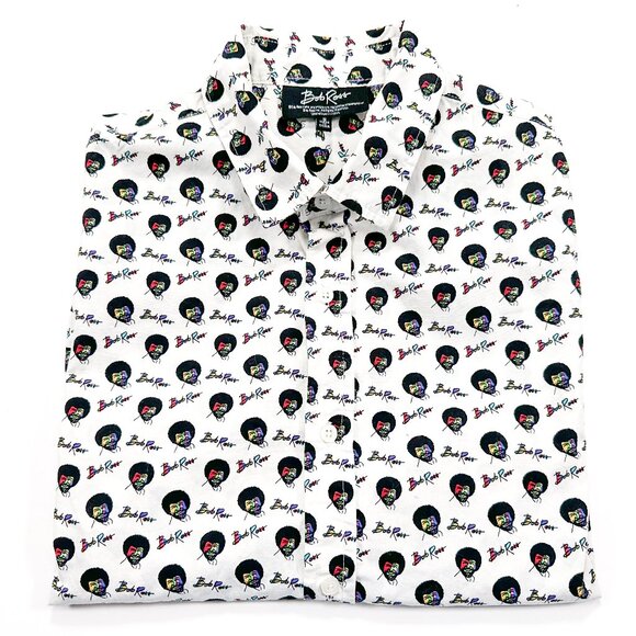 Bob Ross Shirt Men's Size S White Button Up Short Sleeve All Over Face Logo - Picture 1 of 4